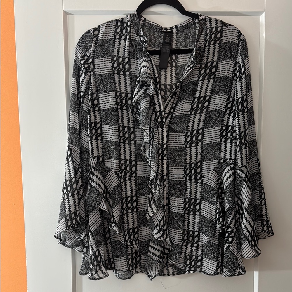 Black and White Relaxed Ruffled Blouse with Bell Sleeves